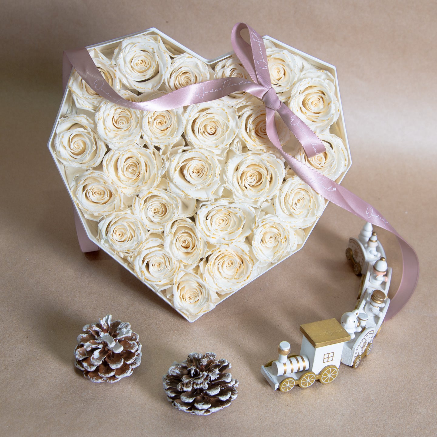 Large Heart Box, White + Gold Contour Preserved Roses